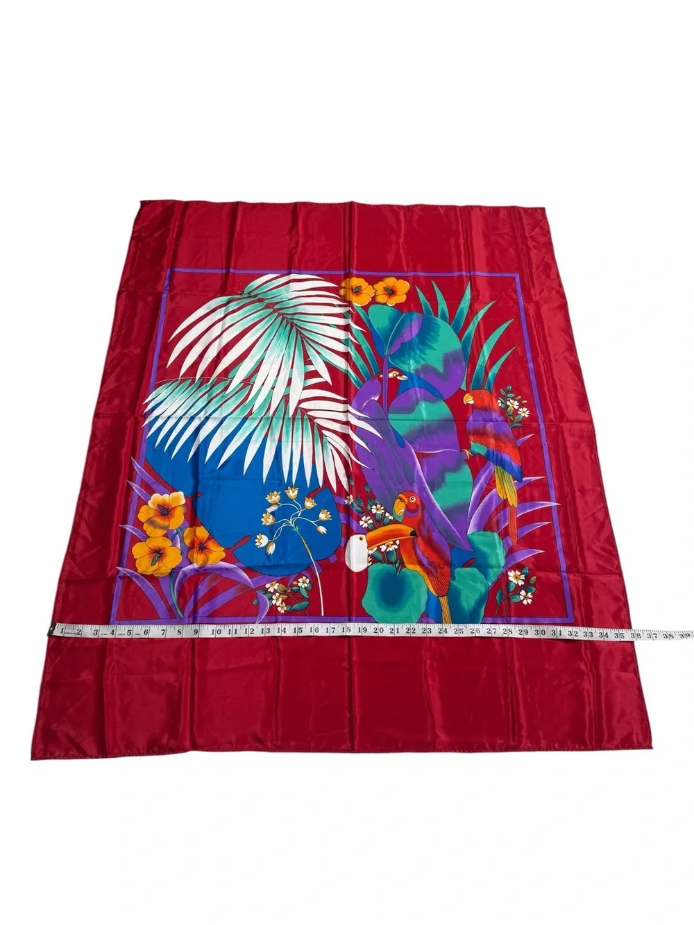 Striking Tropical Birds Palm Leaf Floral Parrot Toucan Silky Vibrant Red Scarf